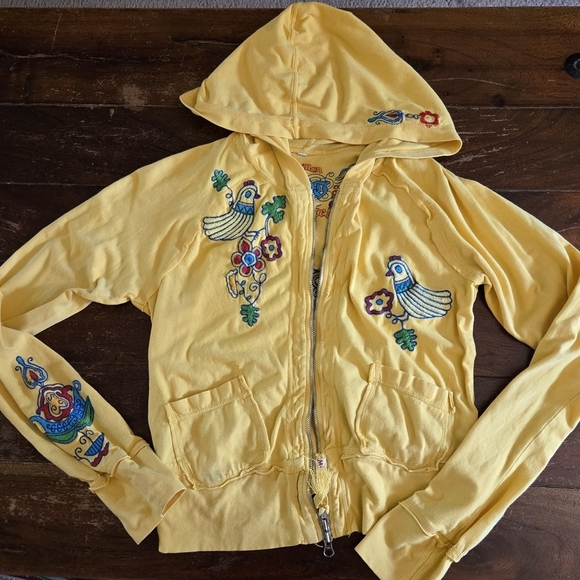 Johnny Was Jackets & Blazers - Johnny Was Papillon Bird Butterfly Embroidered Yellow Zip Up Hoodie S Rare